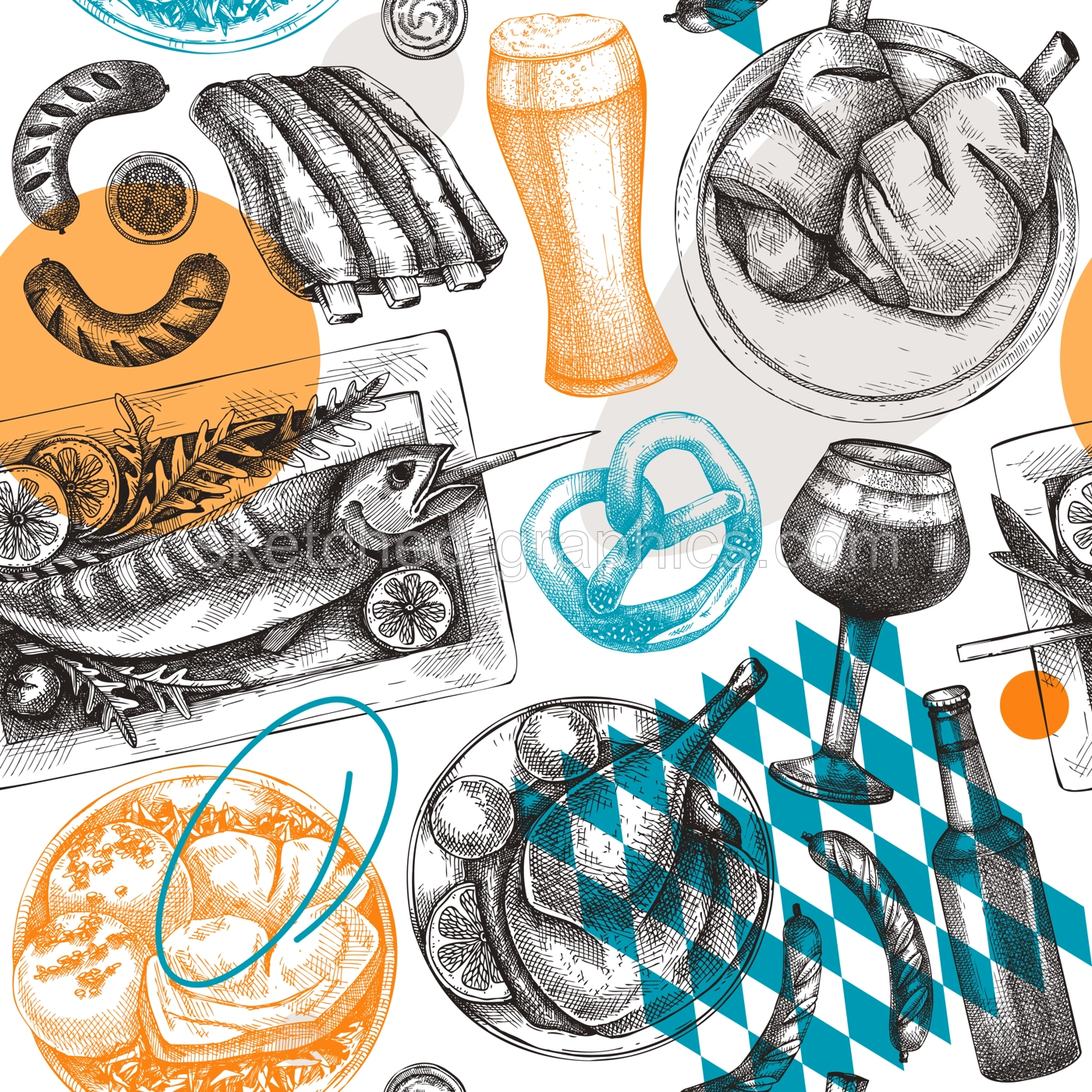 Oktoberfest background. German cuisine menu design. Pretzel, beer, roast pork, ham hocks, sausages, ribs, grilled fish on table. Grilled meat seamless pattern. Beer festival backdrop in collage style Illustration